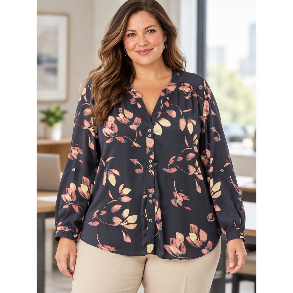 Zac & Rachel Woman Blouse 2X Navy Floral Roll-Tab Sleeve Button Front Top 195